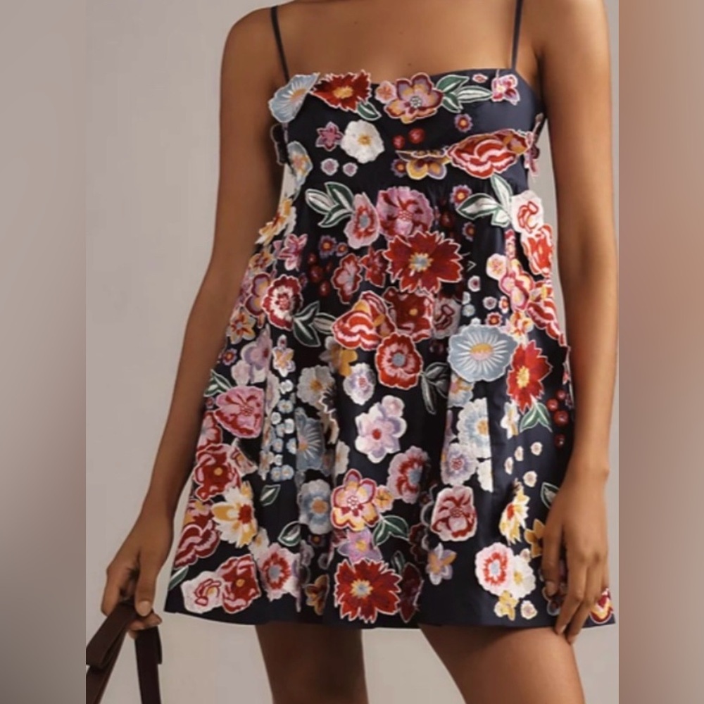 Anthropologie 3D appliqué Floral Embroidered Navy Dress
